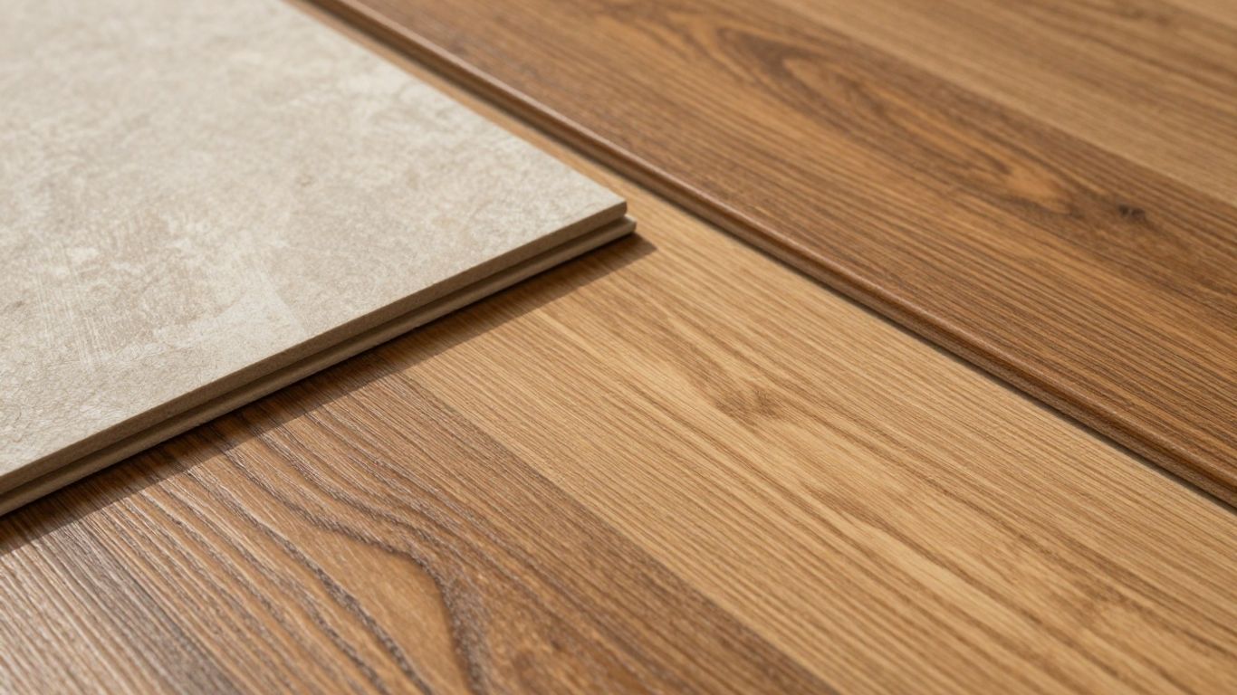LVT flooring samples with wood and stone textures.