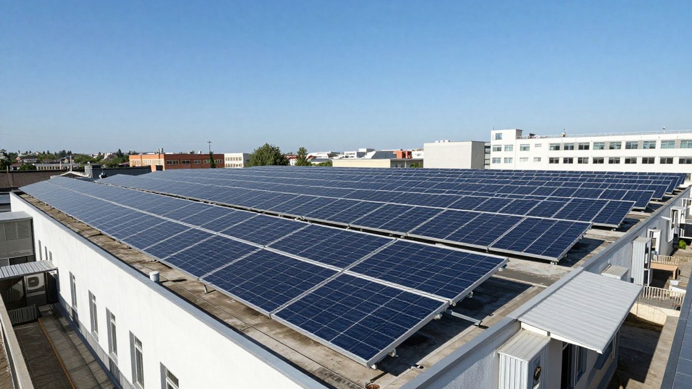 Panneaux solaires sur un toit sous un ciel bleu.