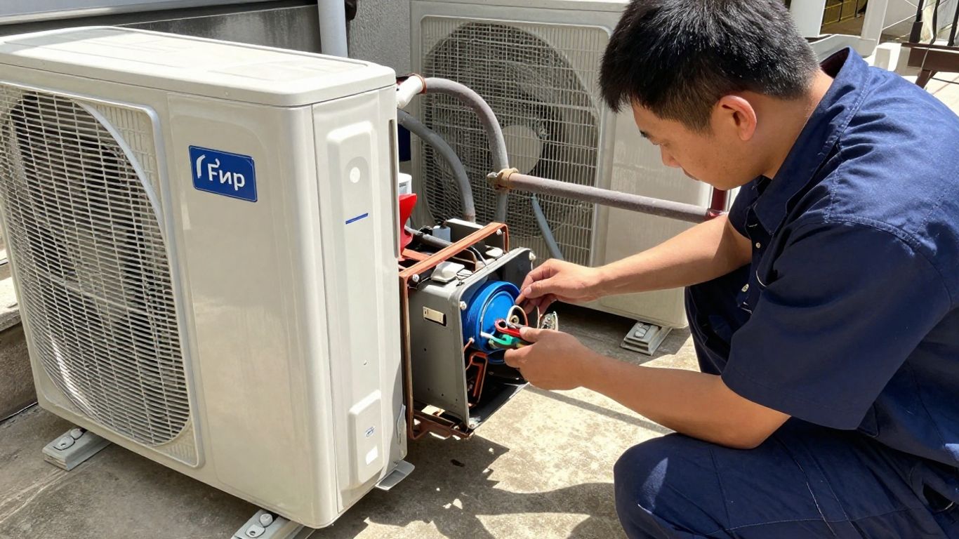 AC repair technician working on an outdoor unit.