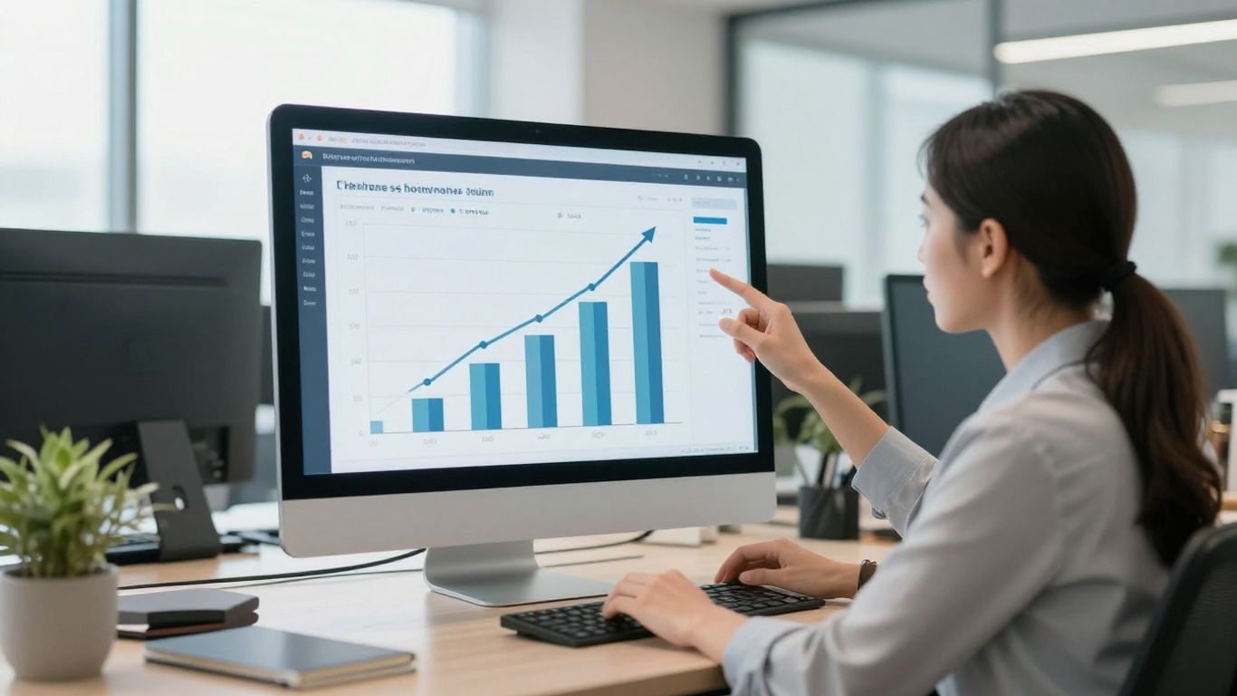 Pessoa de negócios analisando métricas de desempenho digital.