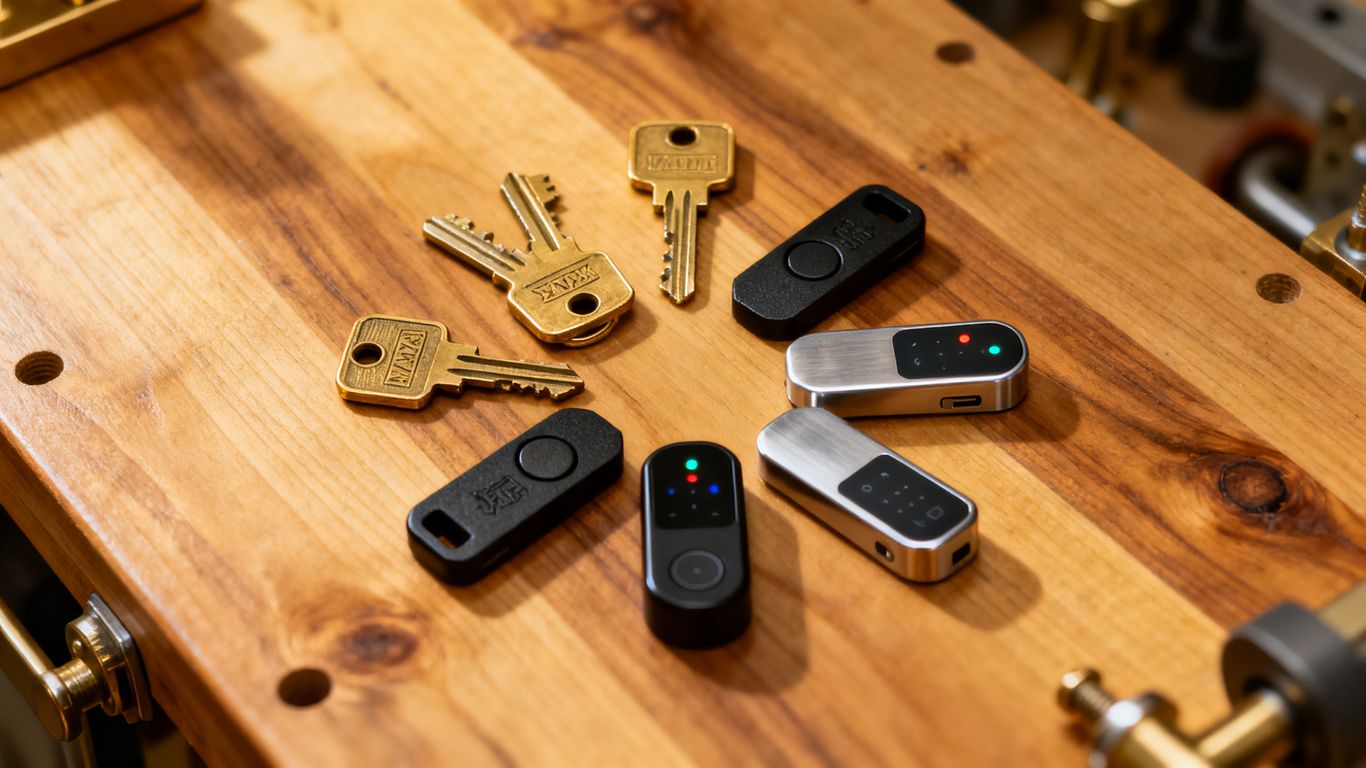 Keys and security tools on a wooden surface