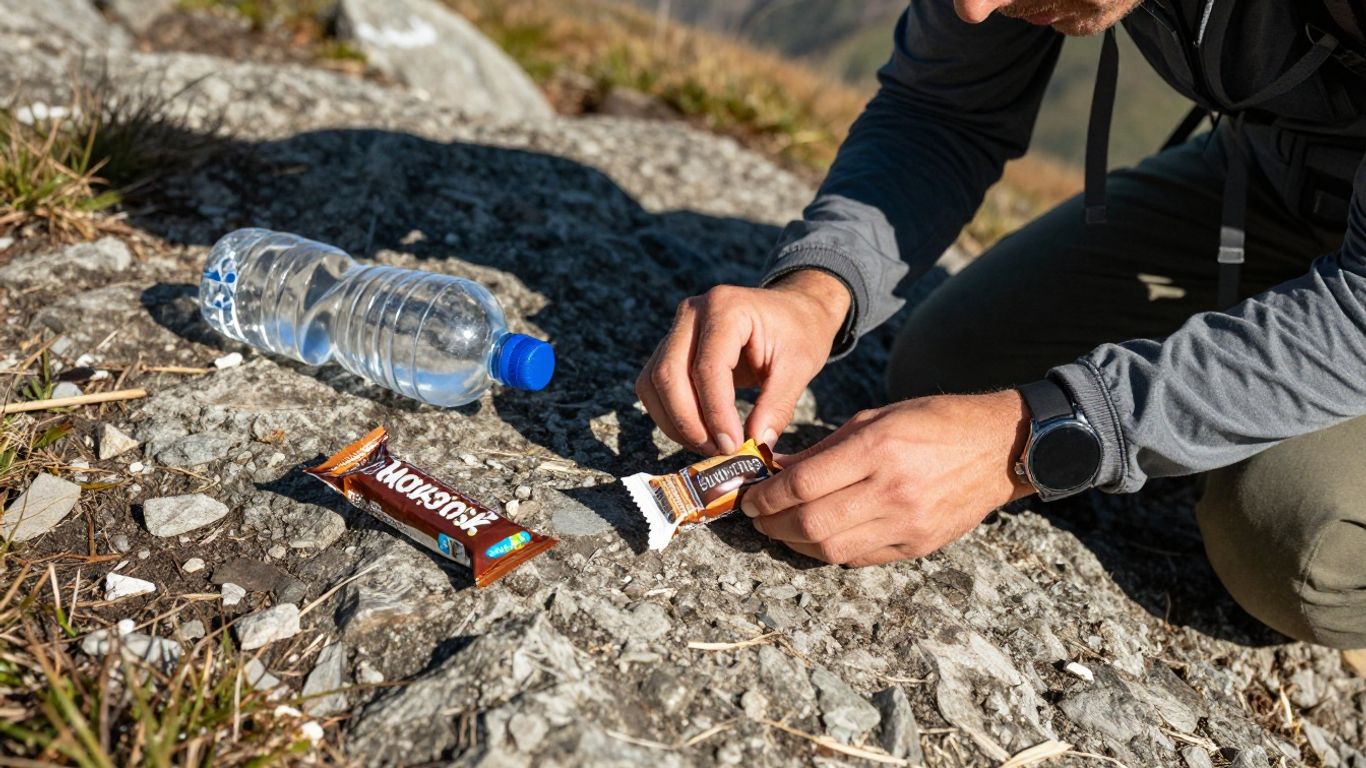 Hiker eating snack and drinking water on mountain trail.