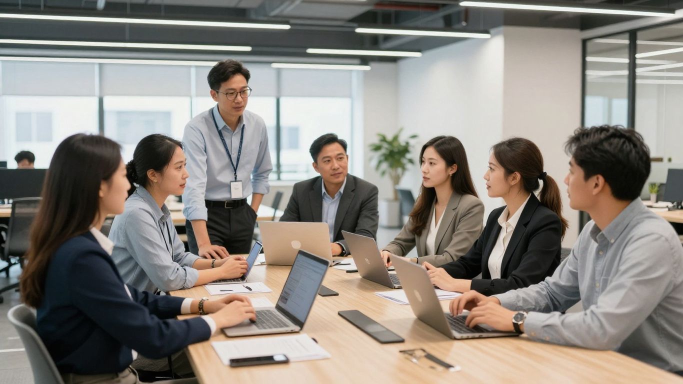 Emprendedores colaborando en una oficina abierta