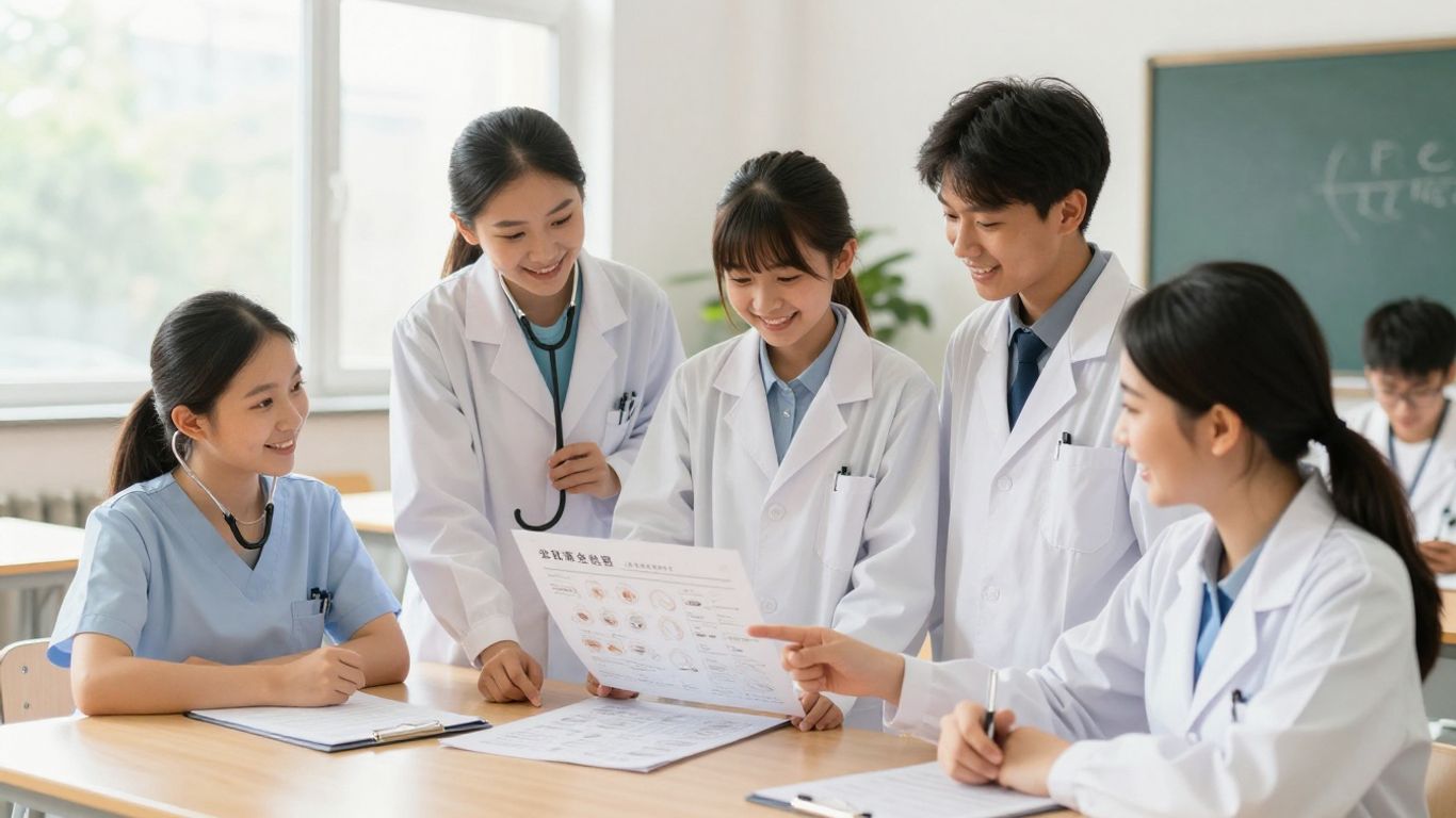 Students in healthcare class with medical equipment.