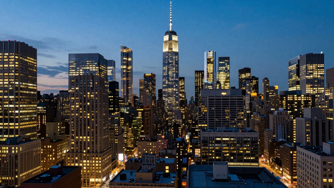 NYC skyline at dusk with digital glow