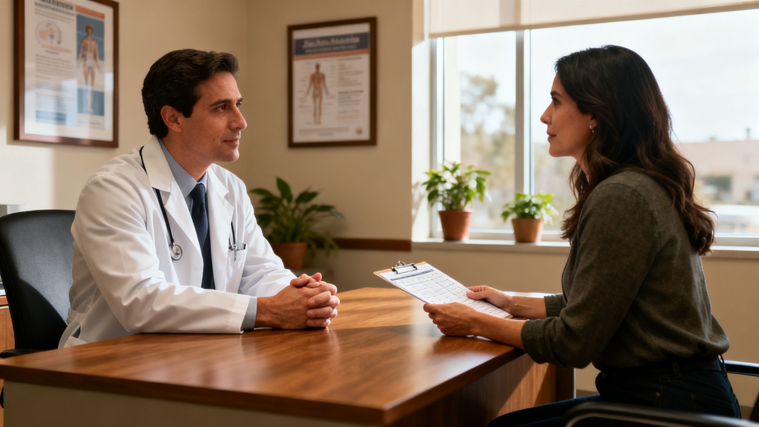 Physician engaging in a calm, unhurried consultation with a patient in a San Antonio clinic