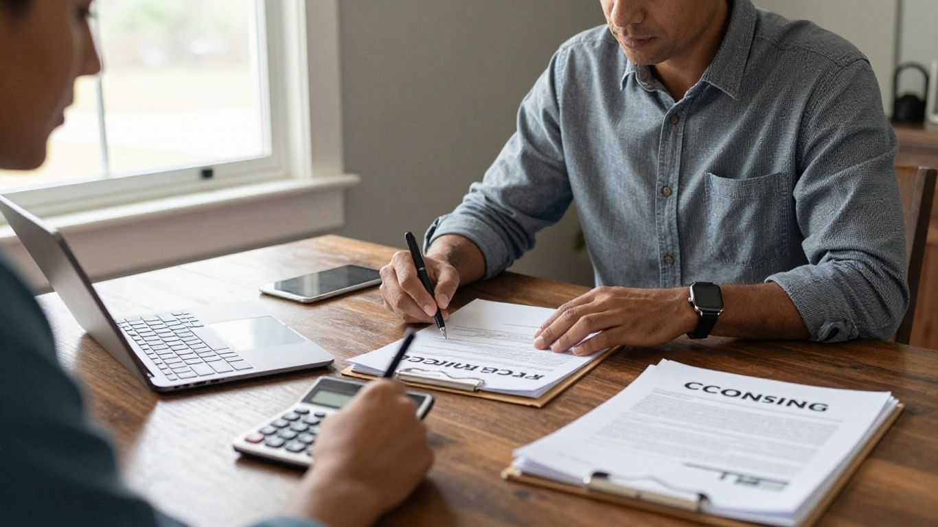 Seller reviewing real estate documents at home