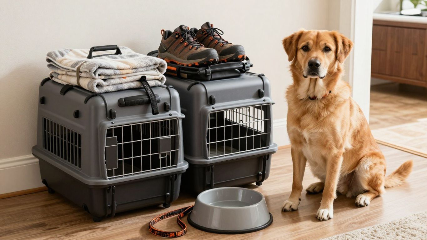Portable dog crates beside travel gear