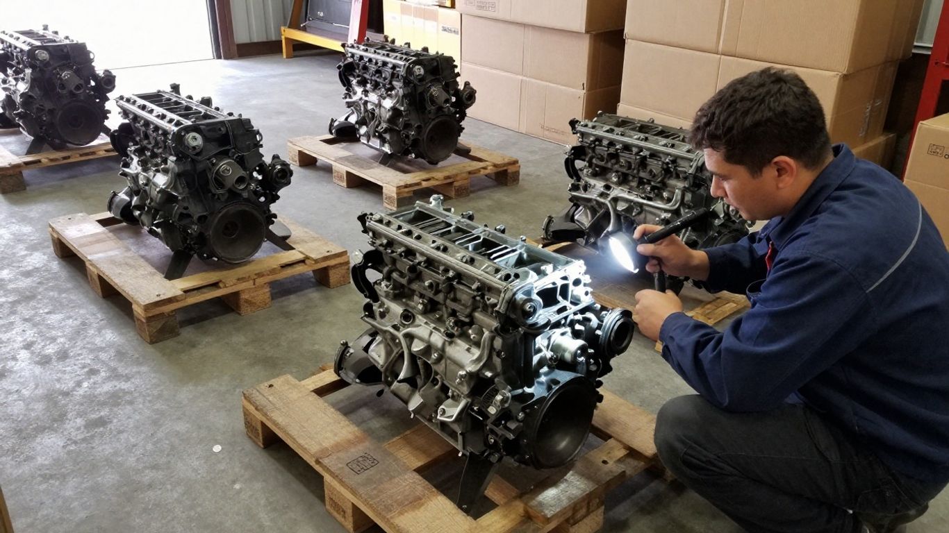 Used engine being inspected in an automotive warehouse