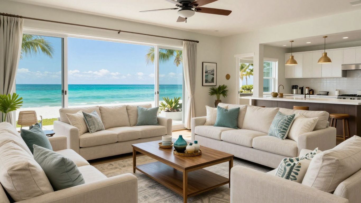 Coastal living room with ocean view in Destin rental.