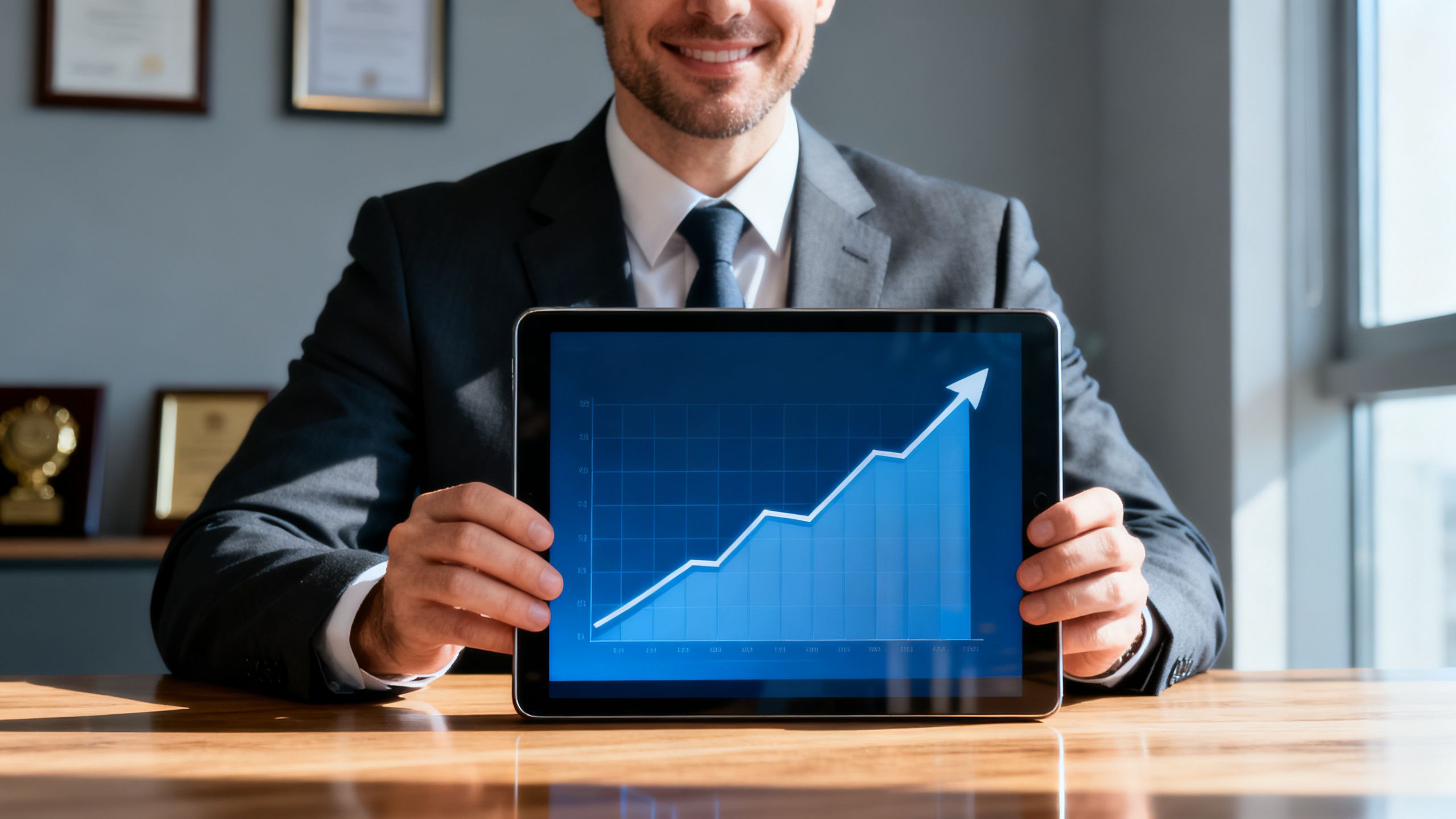 A sales manager looking at a growth chart on a tablet, symbolizing business growth through effective sales tools