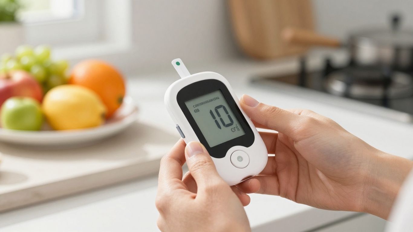 Person with continuous glucose monitor and healthy food.