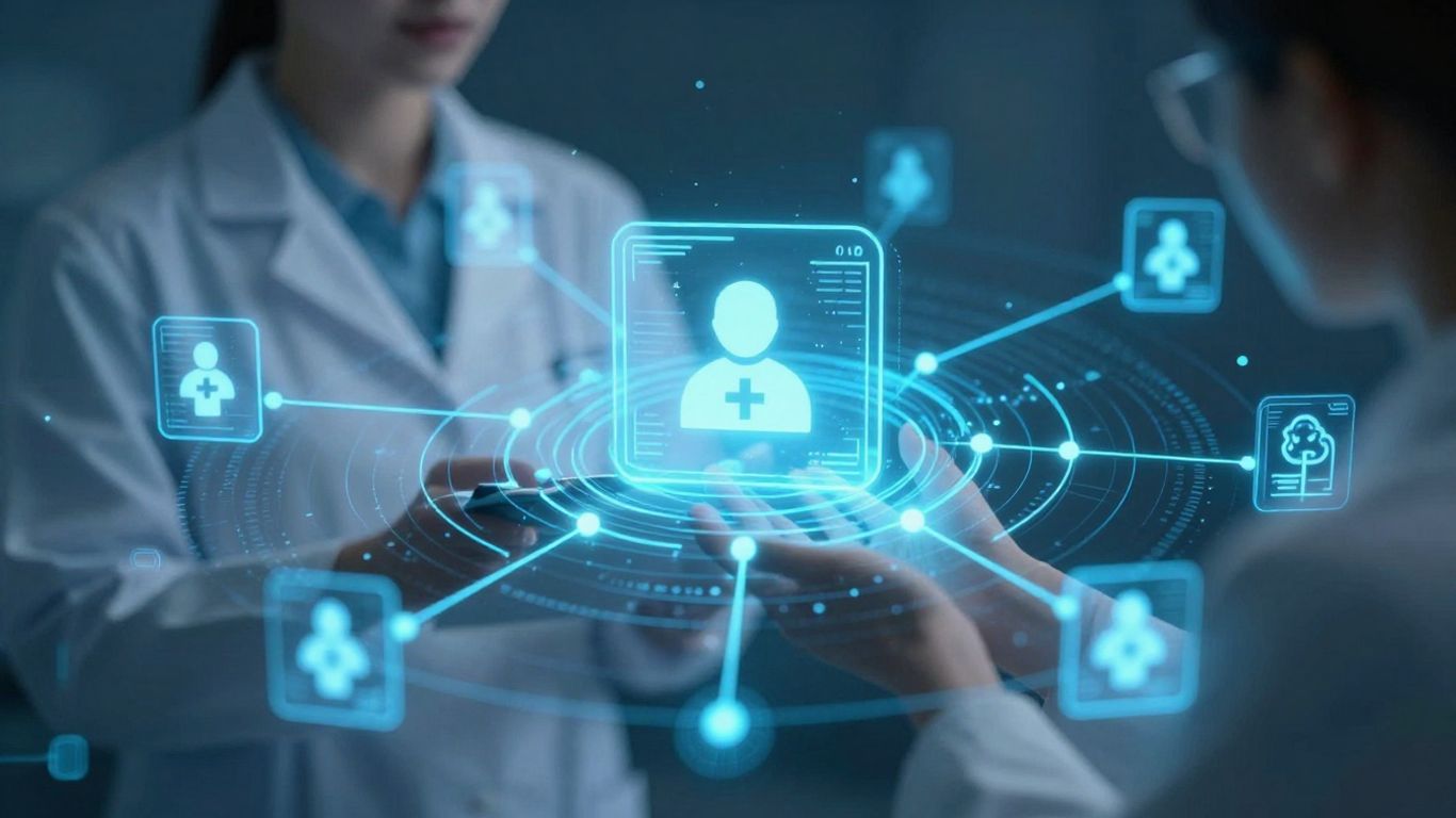 Blockchain network securing patient health records.