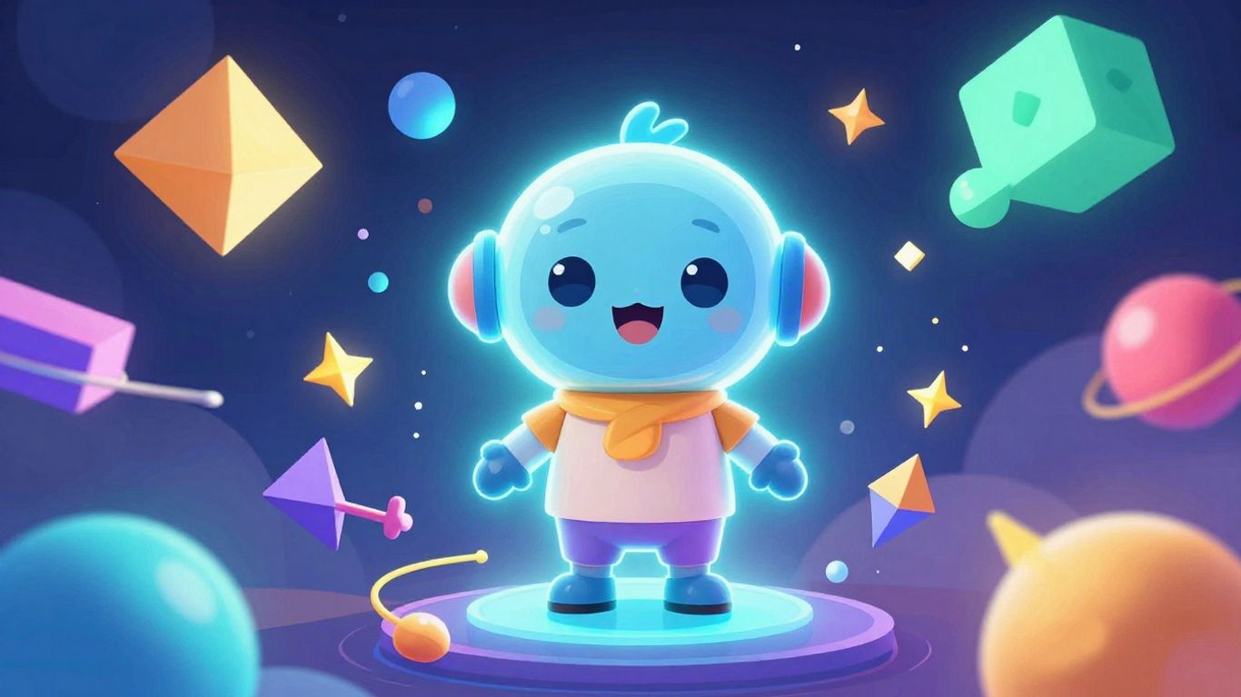 AI math solver with glowing shapes and friendly avatar.