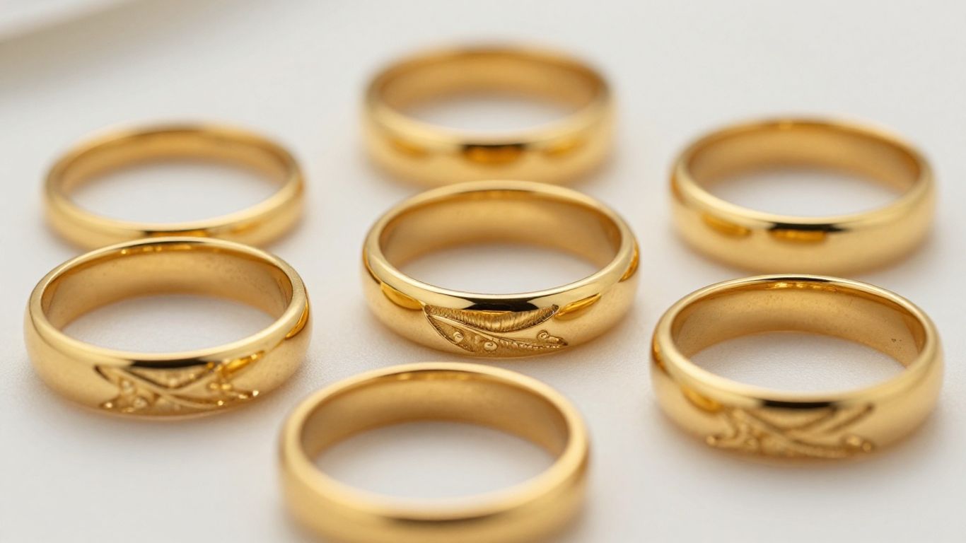 Collection of elegant gold rings with intricate designs.