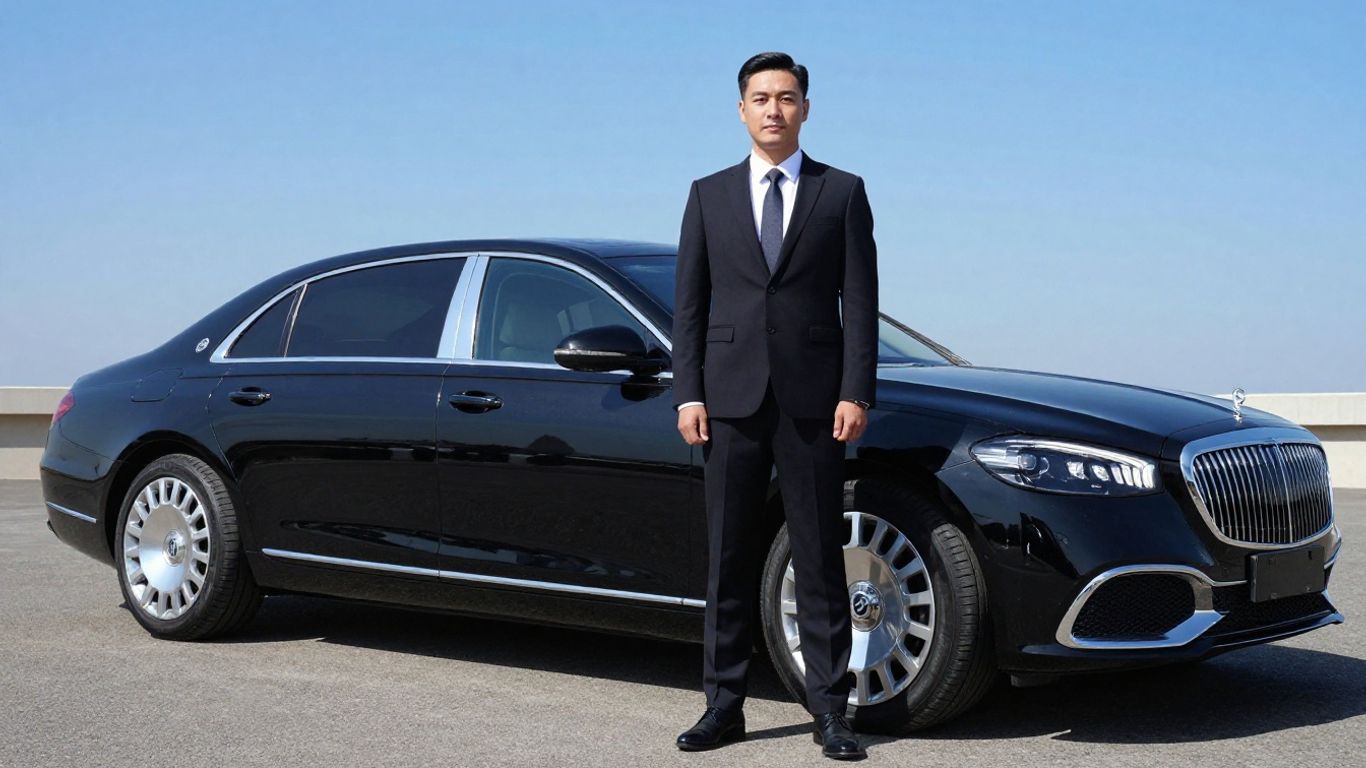 A professional chauffeur waits by a polished luxury sedan
