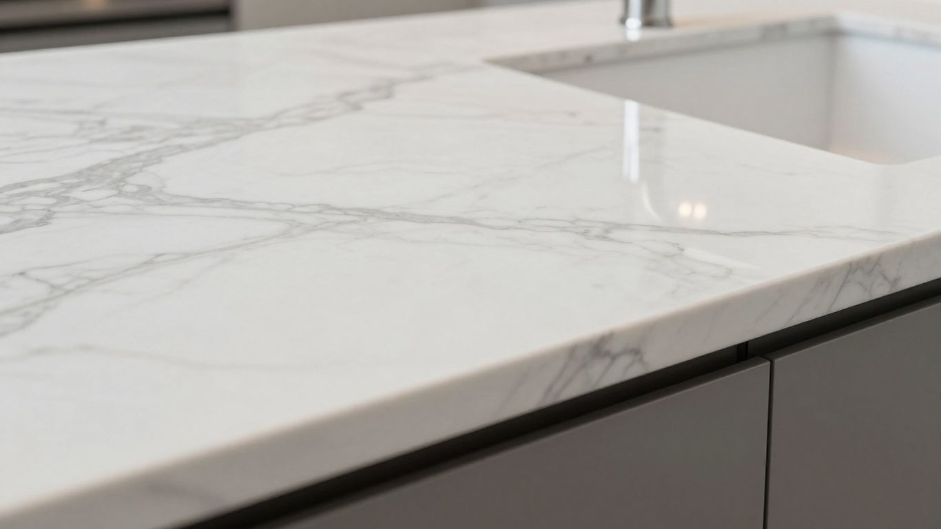 Polished white marble kitchen countertop with grey veining.