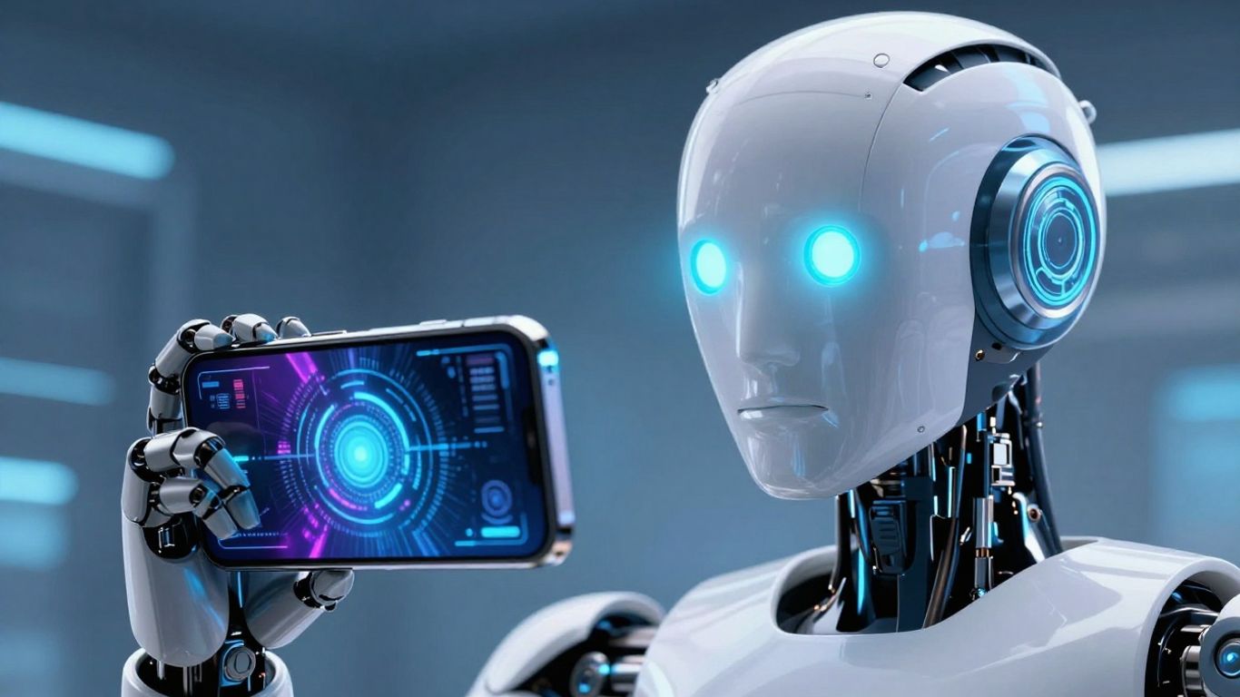 Photo d'un robot et smartphone illustrant une IA moderne