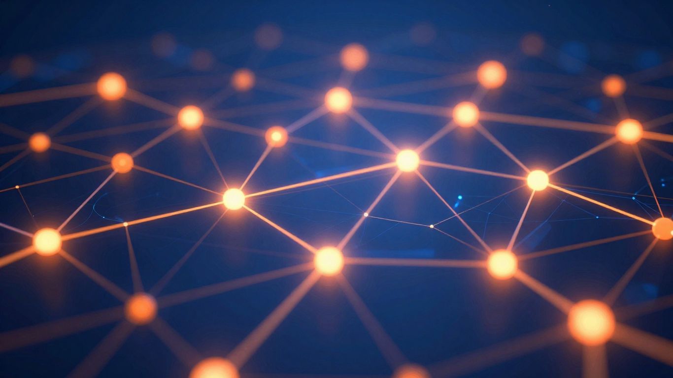 Abstract data visualization with glowing pathways and light flares.