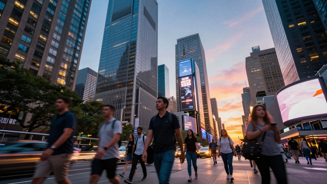 Bustling financial district with skyscrapers and active pedestrians.