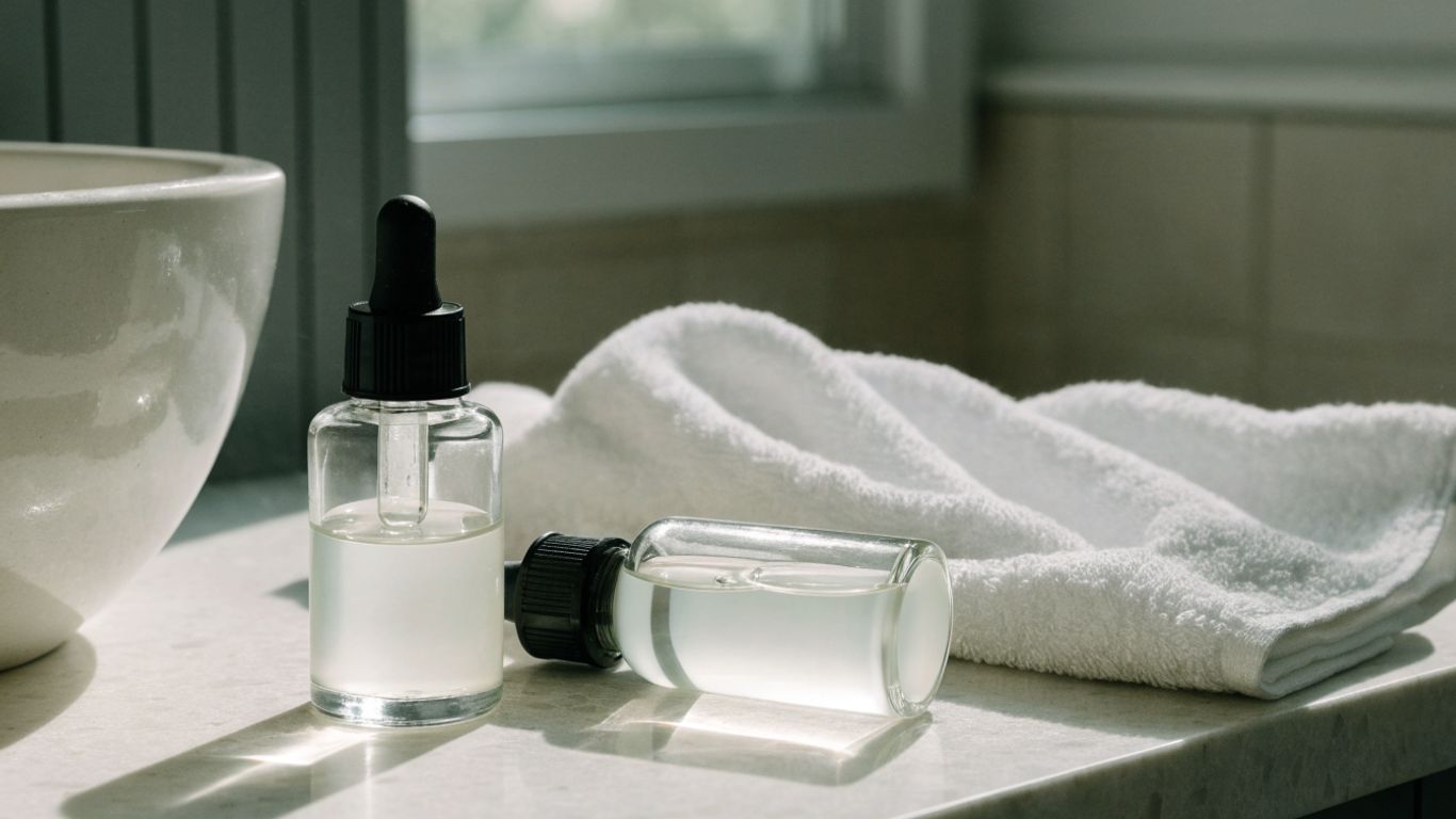 Simple skincare bottles beside a folded white towel