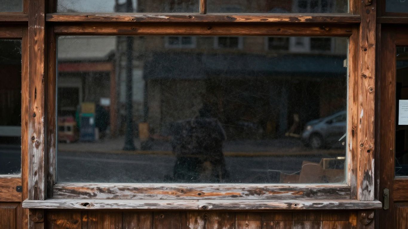 A shop sign with empty windows