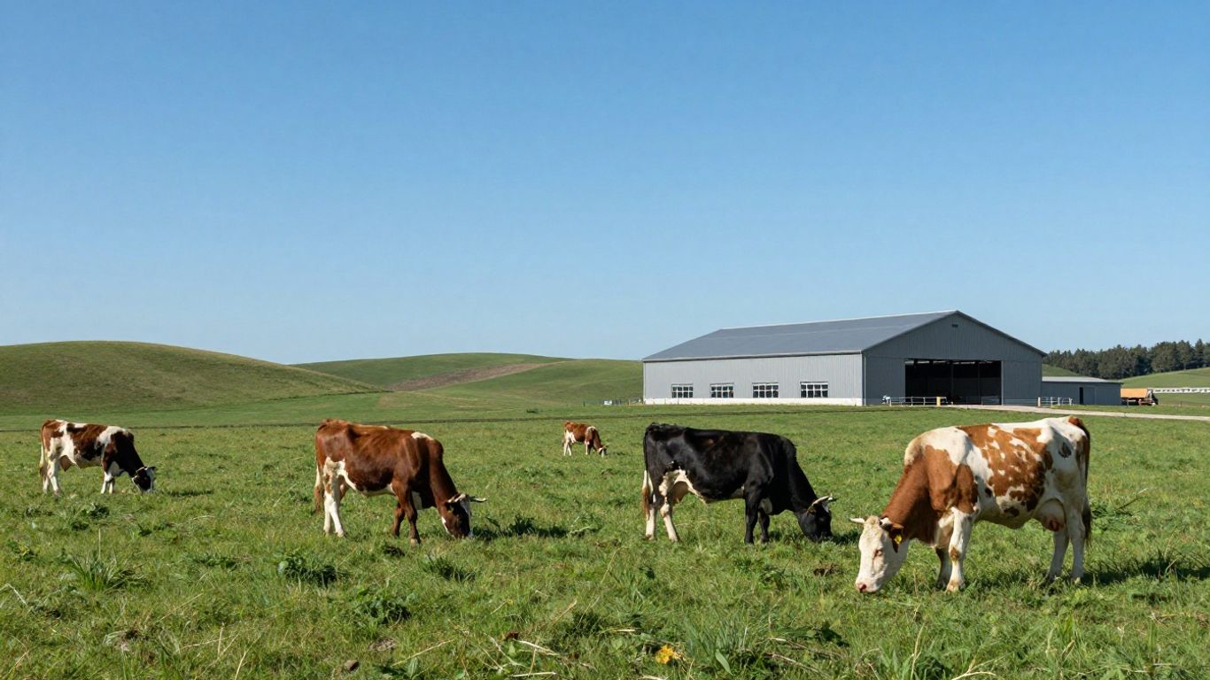 Pecuária moderna em Portugal com gado e instalações avançadas.