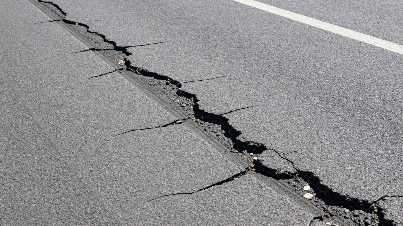 Cracked asphalt road with visible tire tracks.