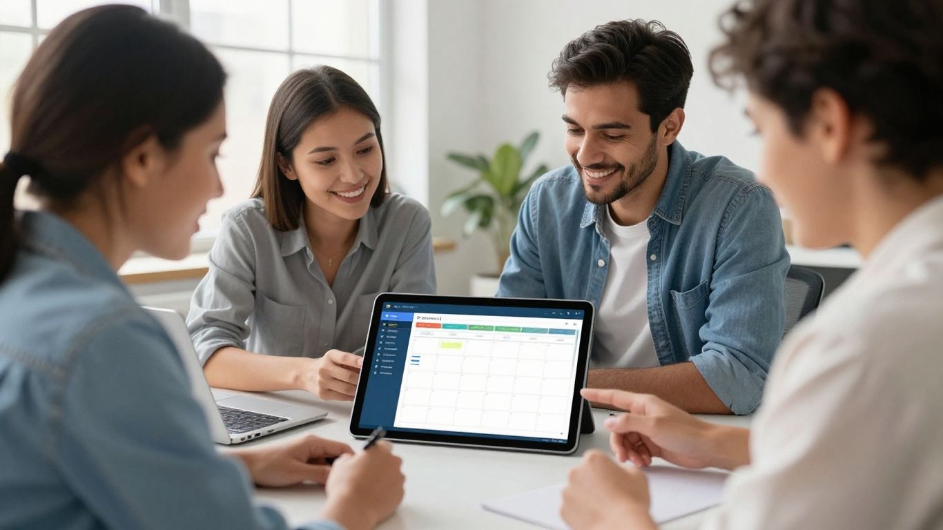 Technicians using scheduling software on a tablet.