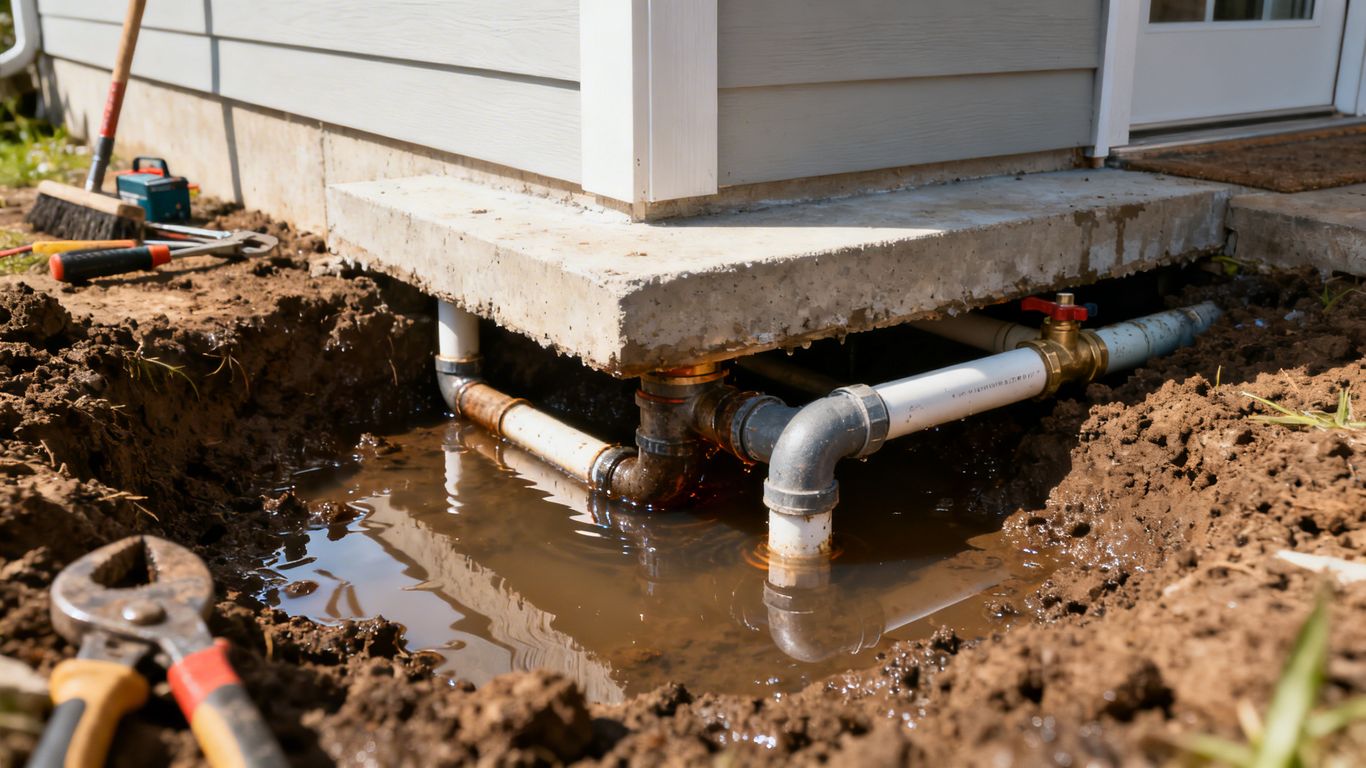 Leaking water near home foundation and exposed pipes