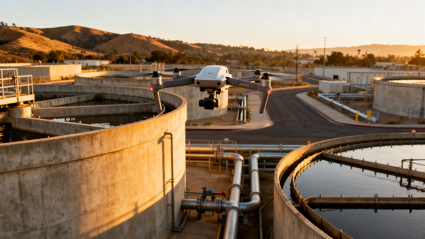 Drone surveying a California water treatment facility