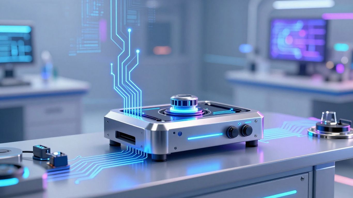 Détecteur IA futuriste dans un laboratoire high-tech avec écrans d'analyse