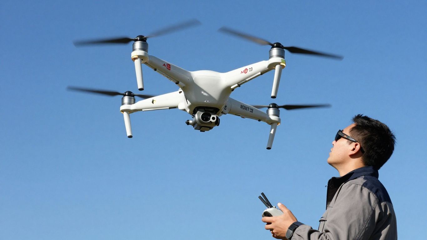 Pilot operating a drone in flight for certification.