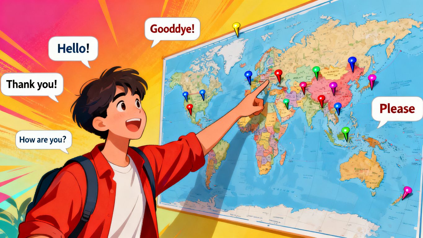 Person learning languages with speech bubbles and world map.