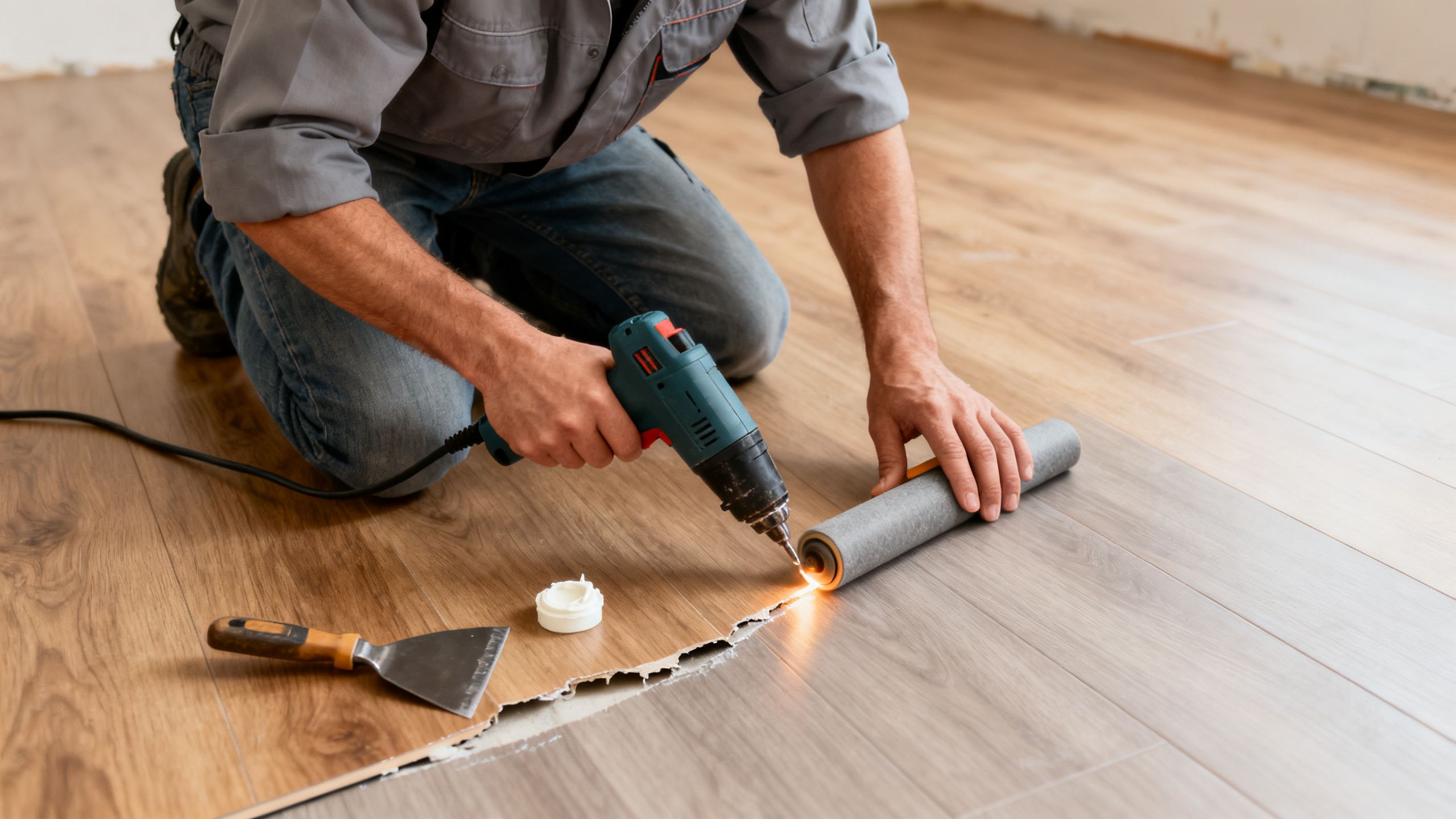 A flooring fitter gently warming and re-bonding the lifted edge of sheet vinyl with compatible adhesive and a hand roller
