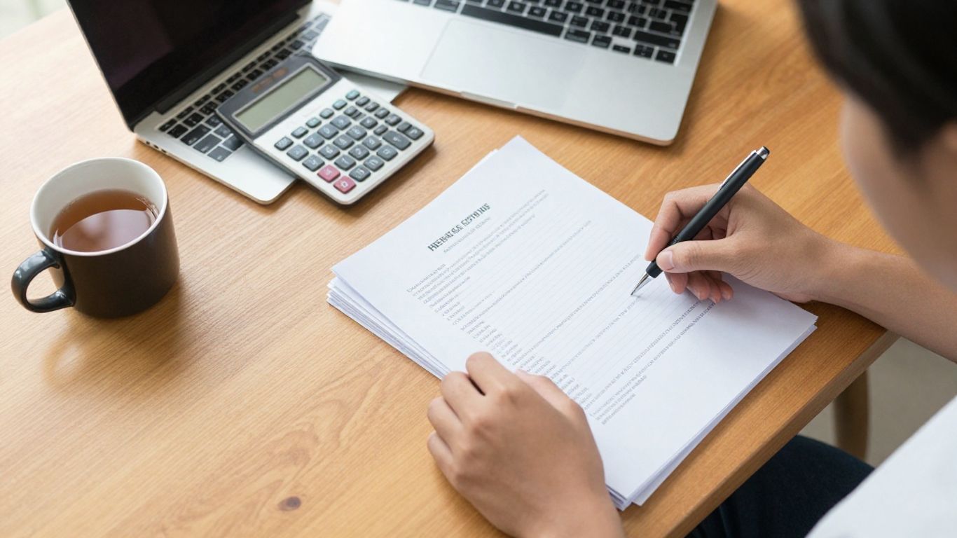 Reviewing financing documents at a desk