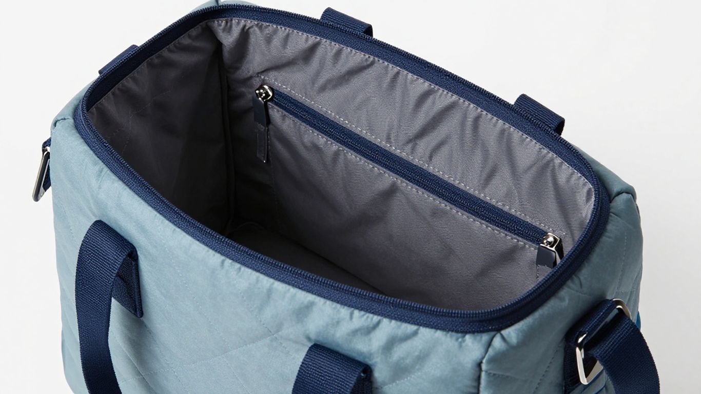 Quilted diaper bag with organized compartments.