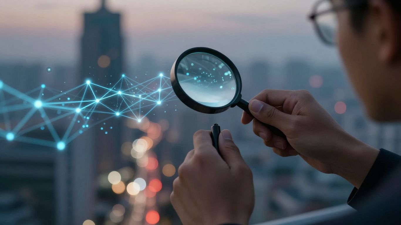 Magnifying glass over digital network, cityscape background.