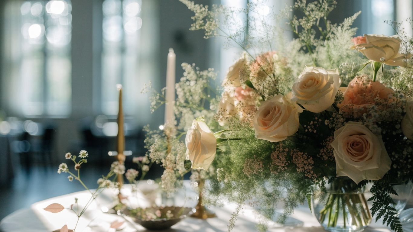 Seasonal wedding flowers arranged in a bright venue