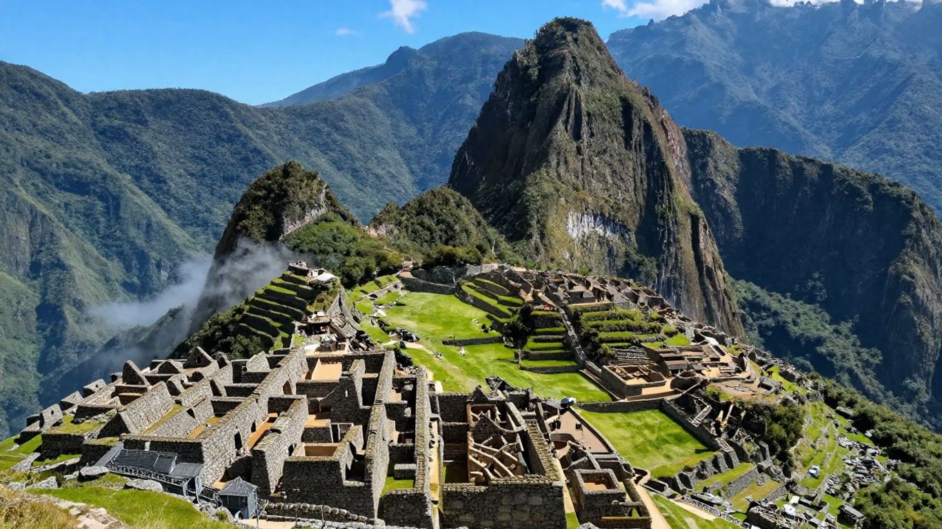 Machu Picchu ruins in Peru with green terraces.