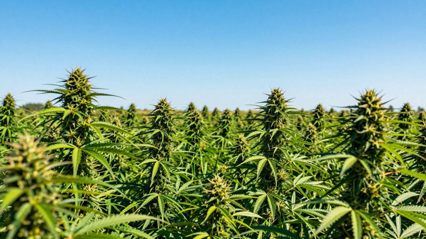 Lush cannabis plants in a sunny field.