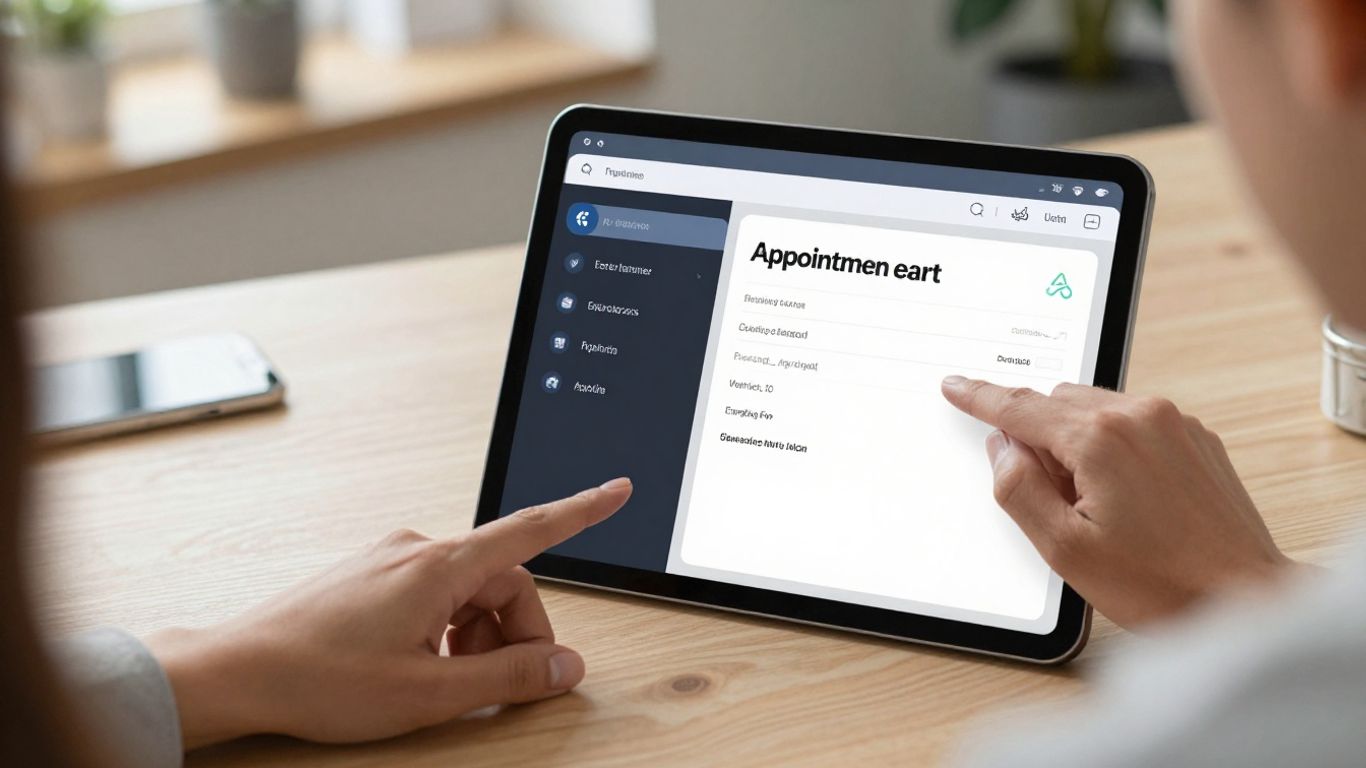 Person booking appointment on a digital device in an office.