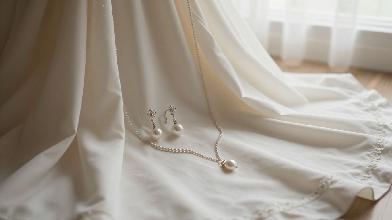 Bridal earrings and necklace beside a wedding dress