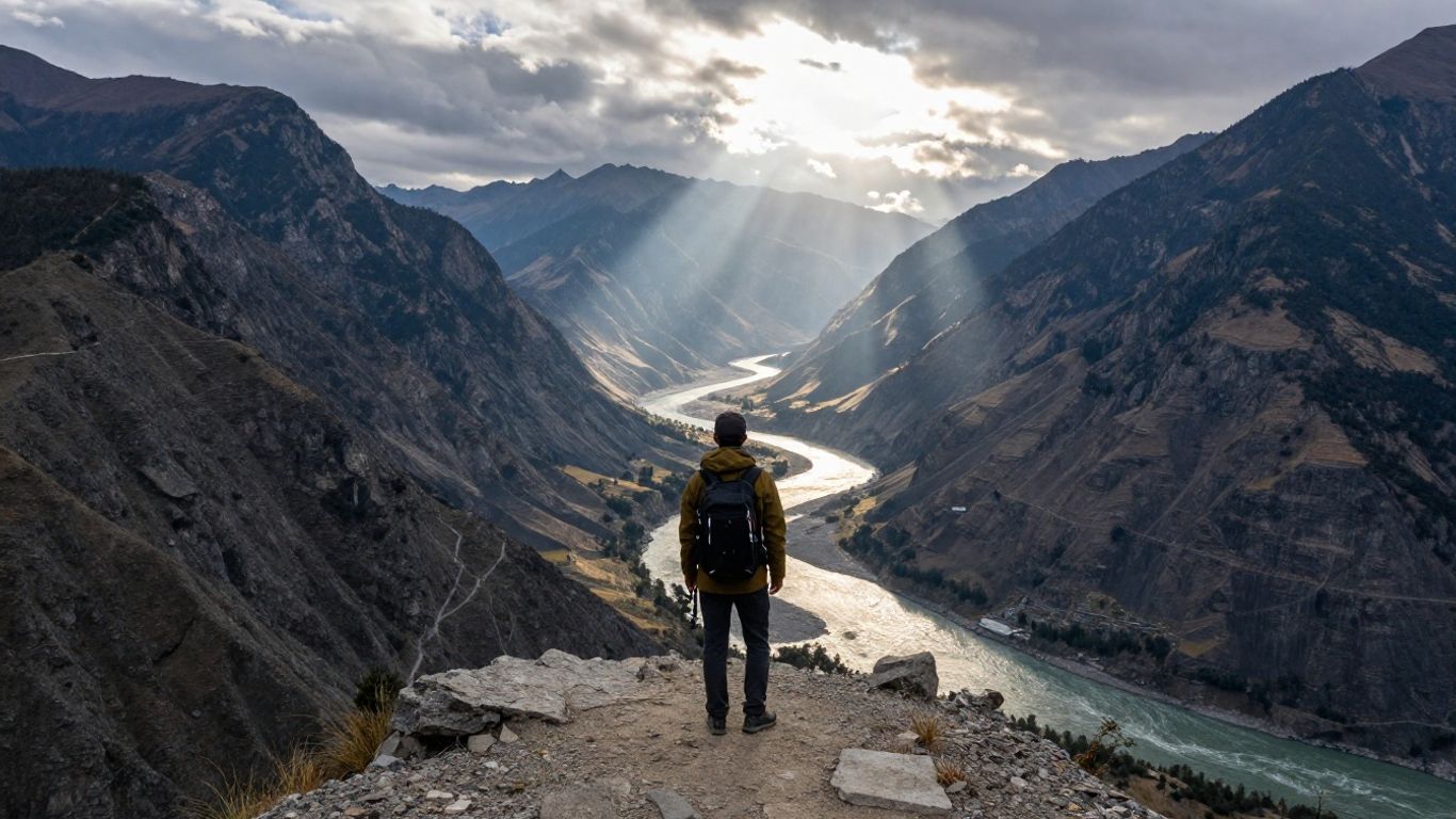 Person overlooking mountains and river, ready for adventure.