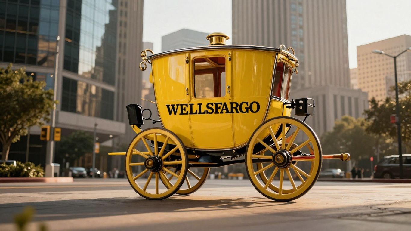 Wells Fargo logo with a stagecoach on a city background.