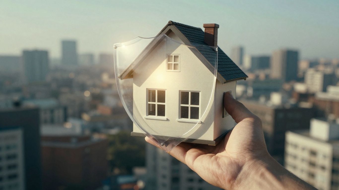 Casa con seguro protector y mano sosteniendo póliza.