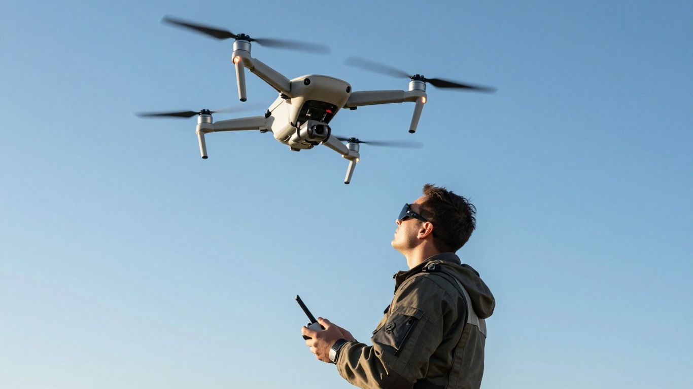 Drone pilot with drone in blue sky.