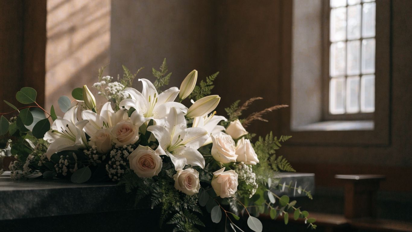 Soft white and green funeral flowers beside a quiet chapel setting