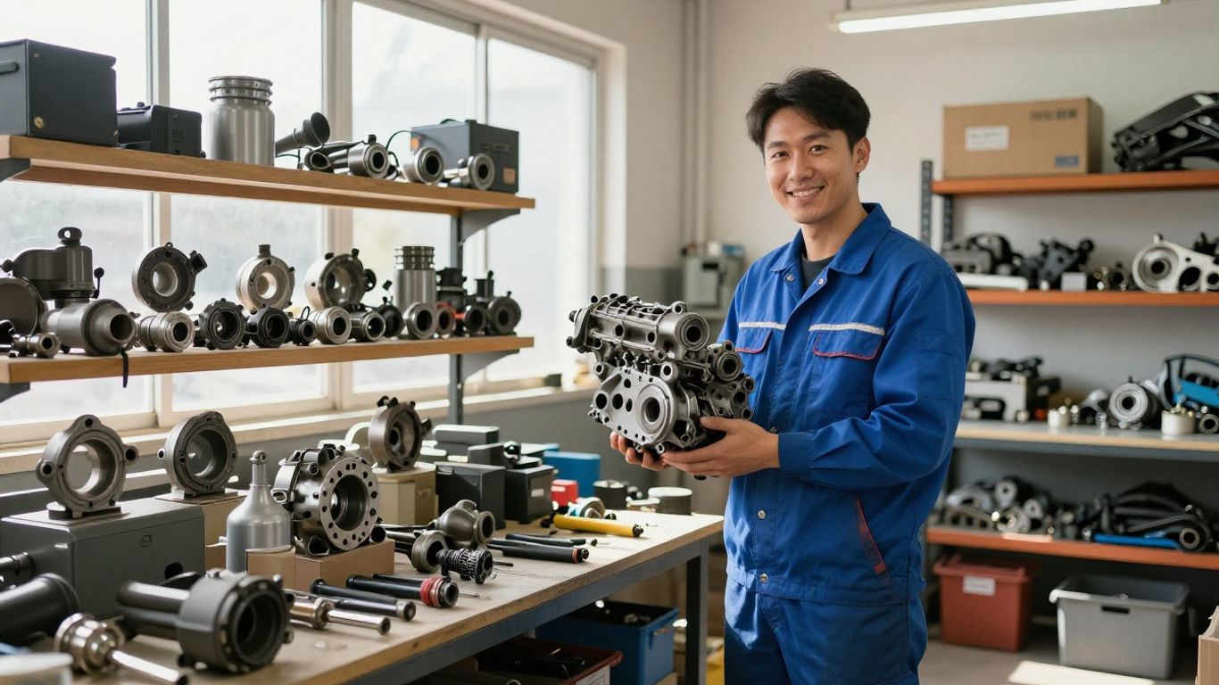 Mitsubishi car parts in a workshop