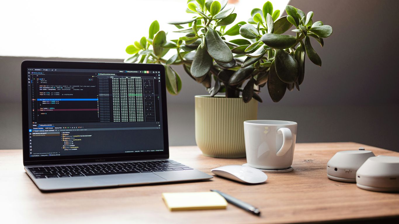 Laptop with code, plant, and mug on desk.